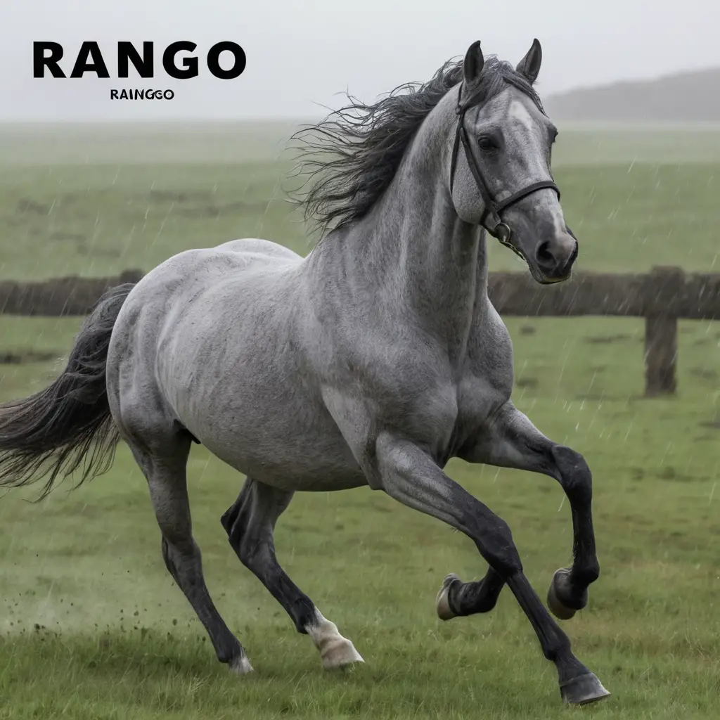 Grey horse running in an open field on a rainy day