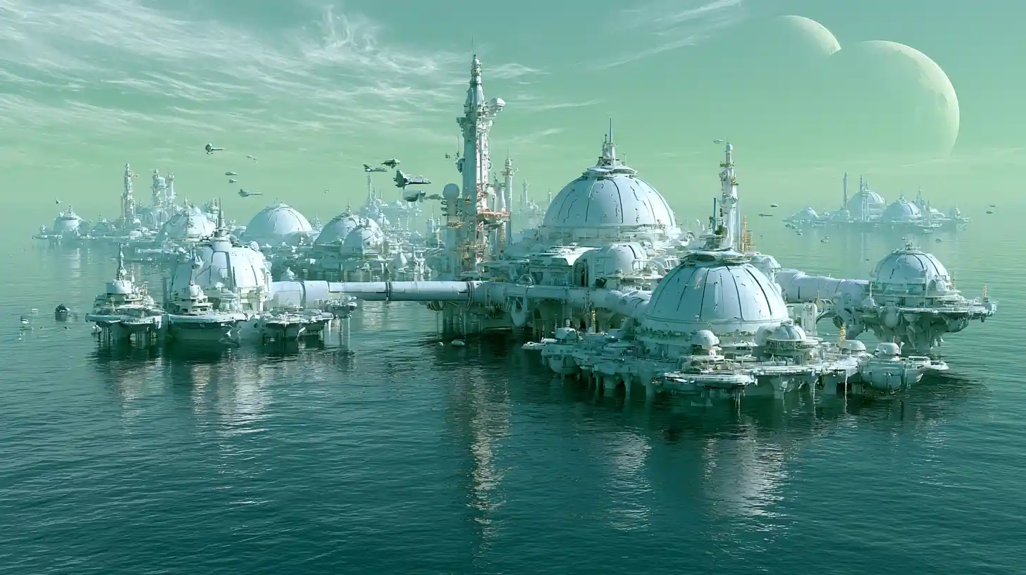 Floating alien city above a calm reflective ocean world