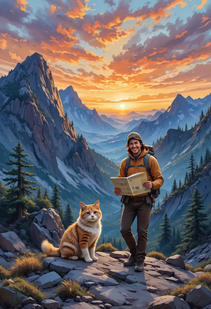 Katze und Besitzer wandern bei Sonnenuntergang durch zerklüftete Berglandschaft
