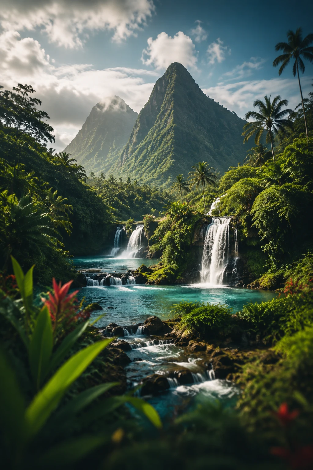 Paisaje tropical tranquilo con cascadas y piscinas turquesa