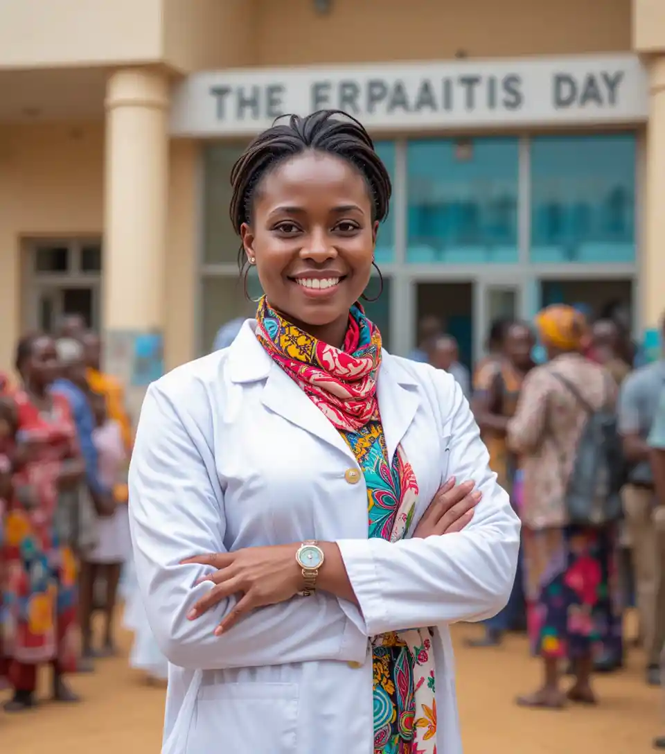 African medical scientist smiling outside modern laboratory