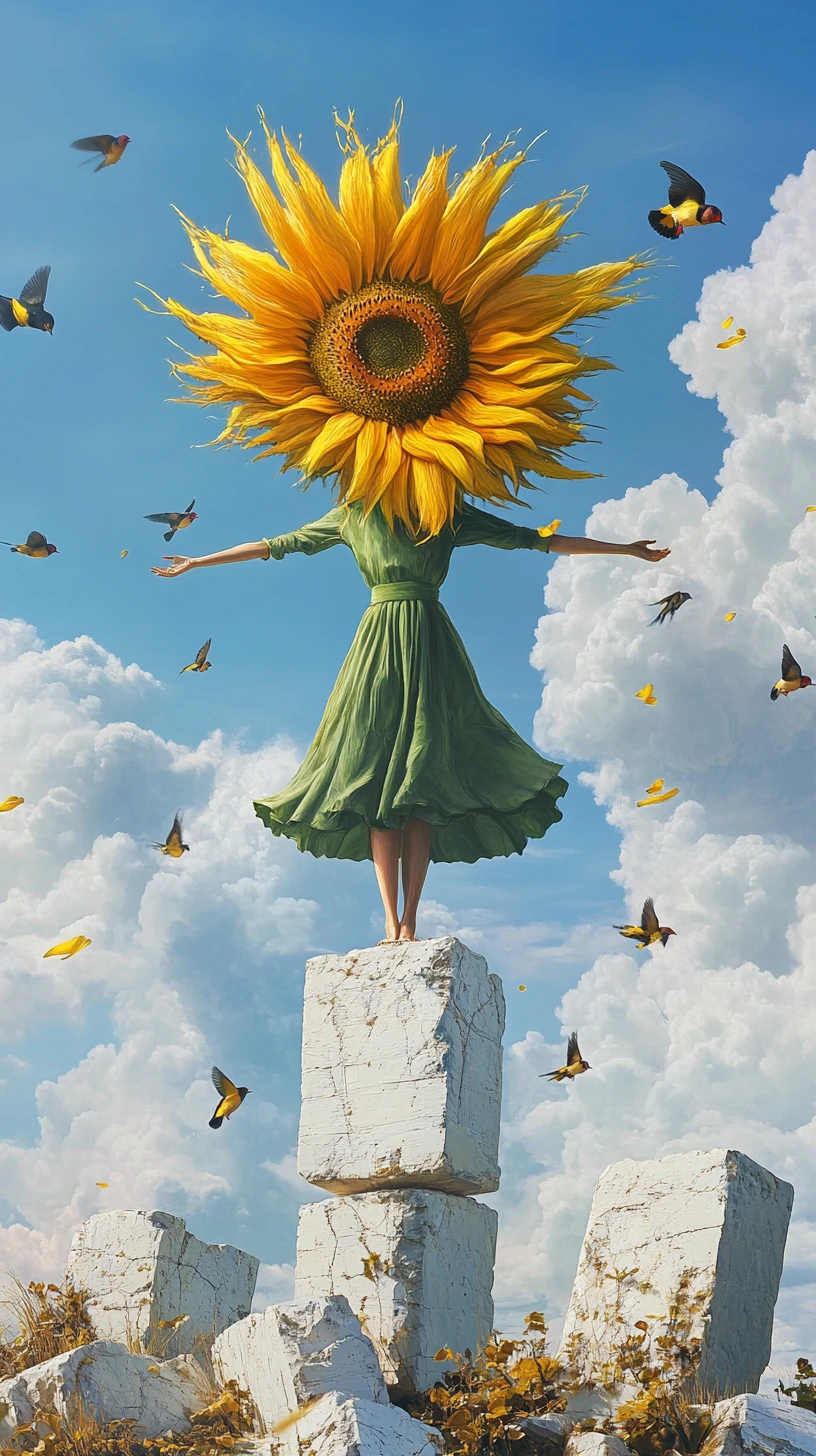 Mujer surrealista con cabeza de girasol sobre pilares de piedra