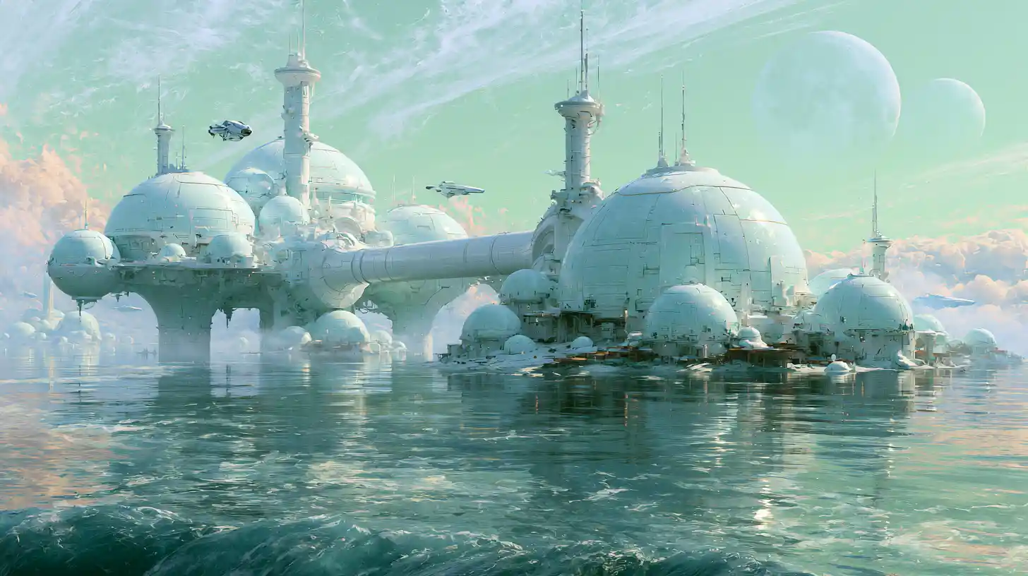 Floating alien city above a vast reflective ocean