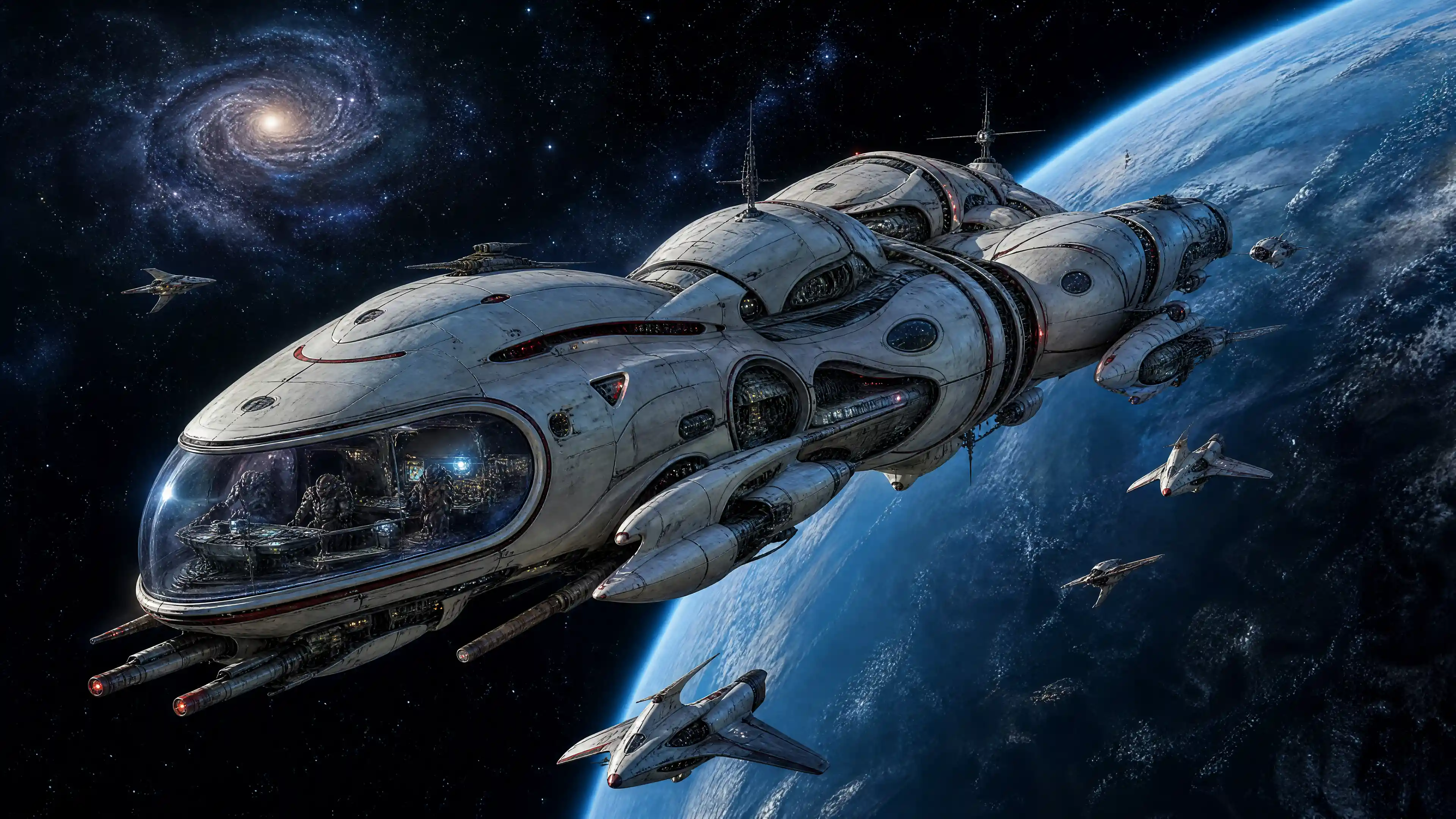 Alien cruiser slips past a massive blue planet
