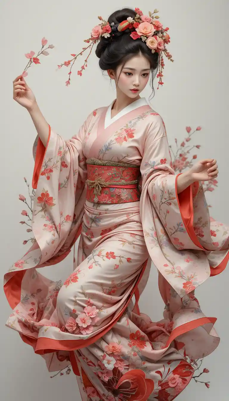Geisha japonesa dançando de quimono tradicional em close-up