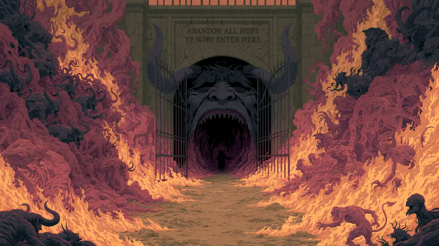 Desolate Path Leading To Fiery Demonic Gates Of Hell