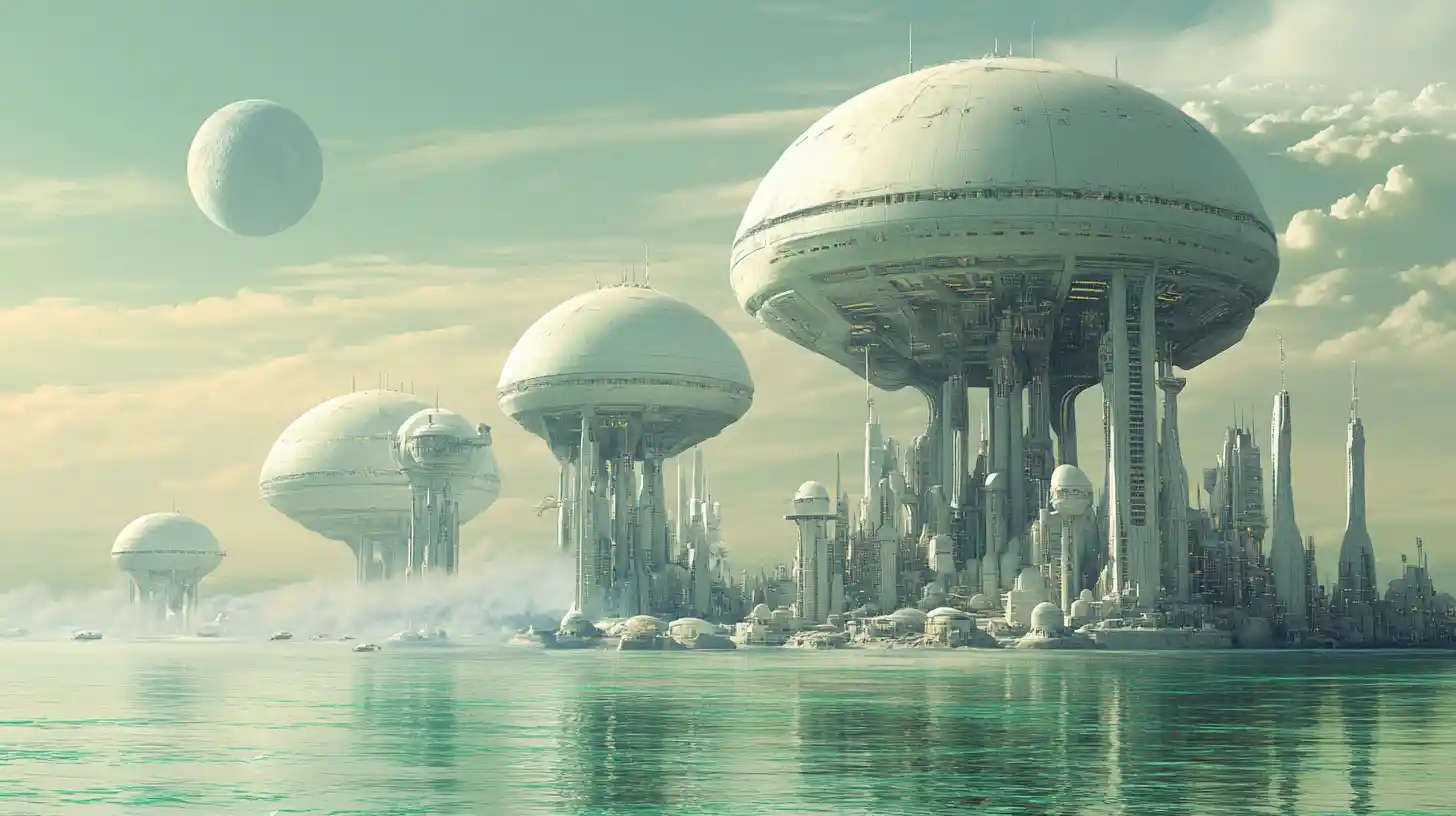 Floating alien city above a calm reflective ocean