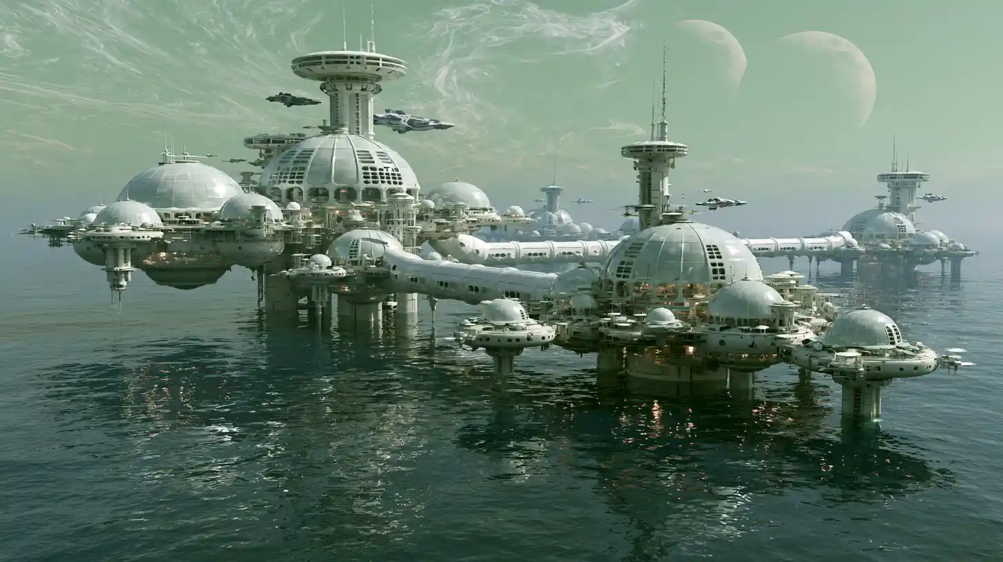 Colossal floating alien city above a calm reflective ocean