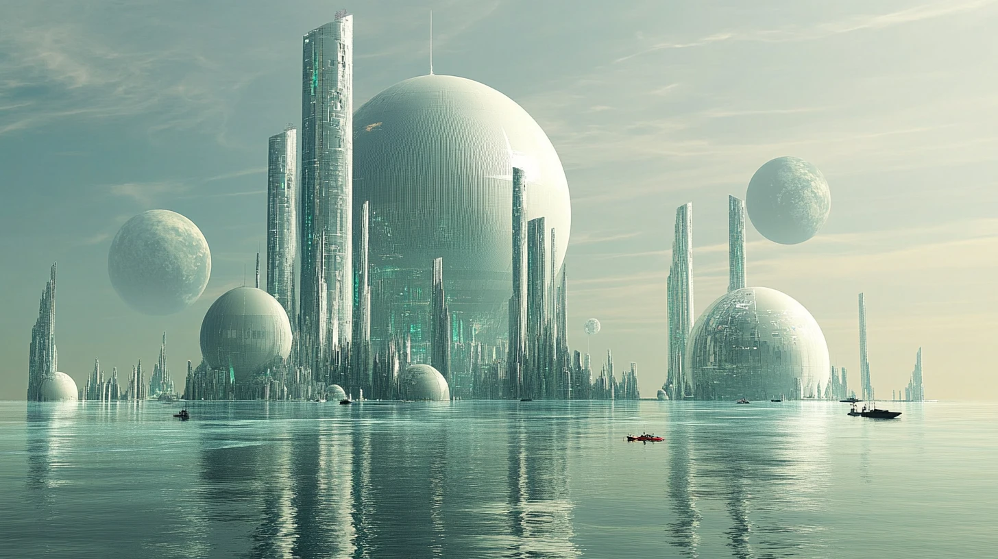 Ciudad alienígena flotante en el océano con altas cúpulas blancas