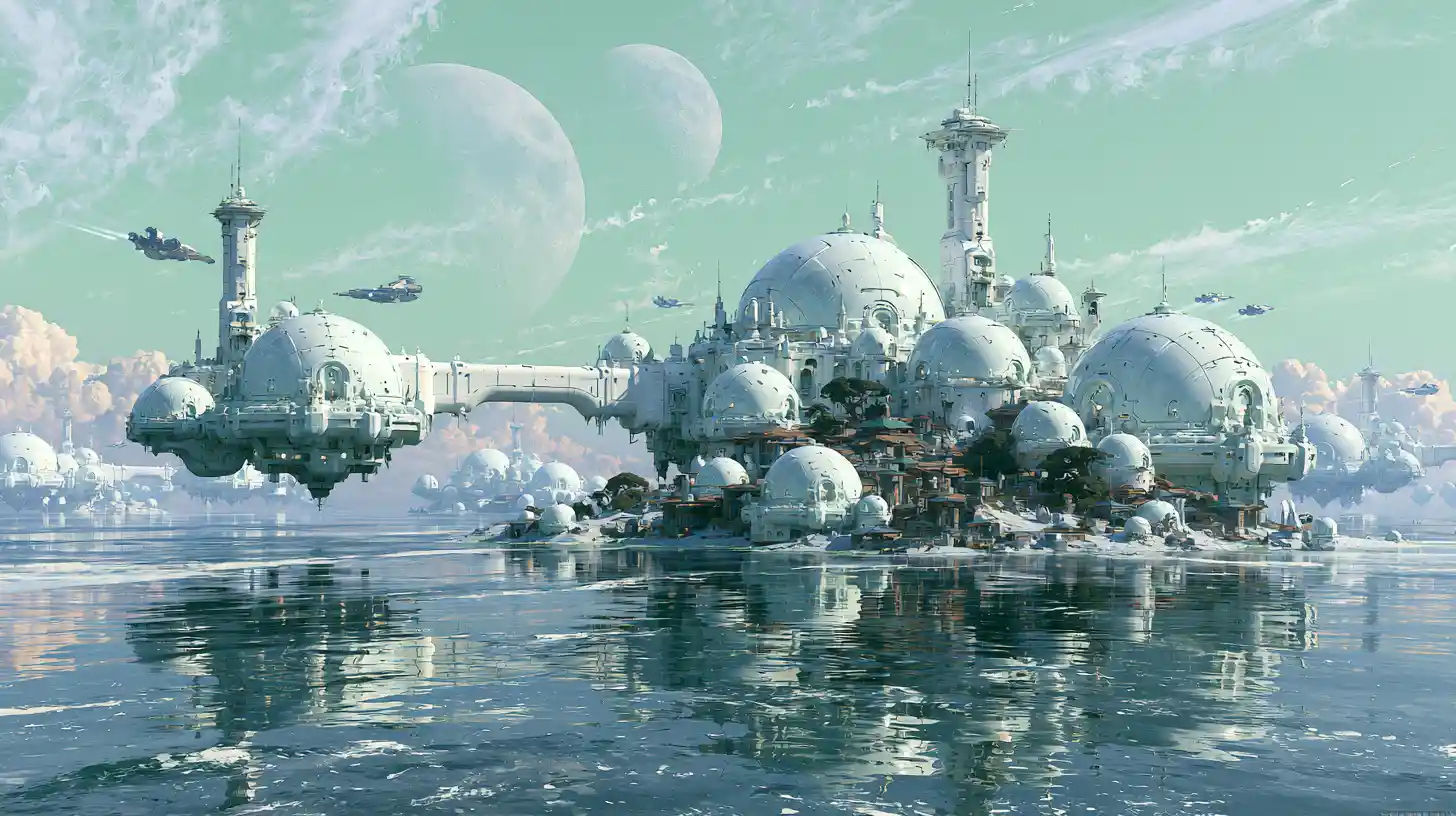 浩瀚外星城市漂浮在寧靜鏡面海洋之上