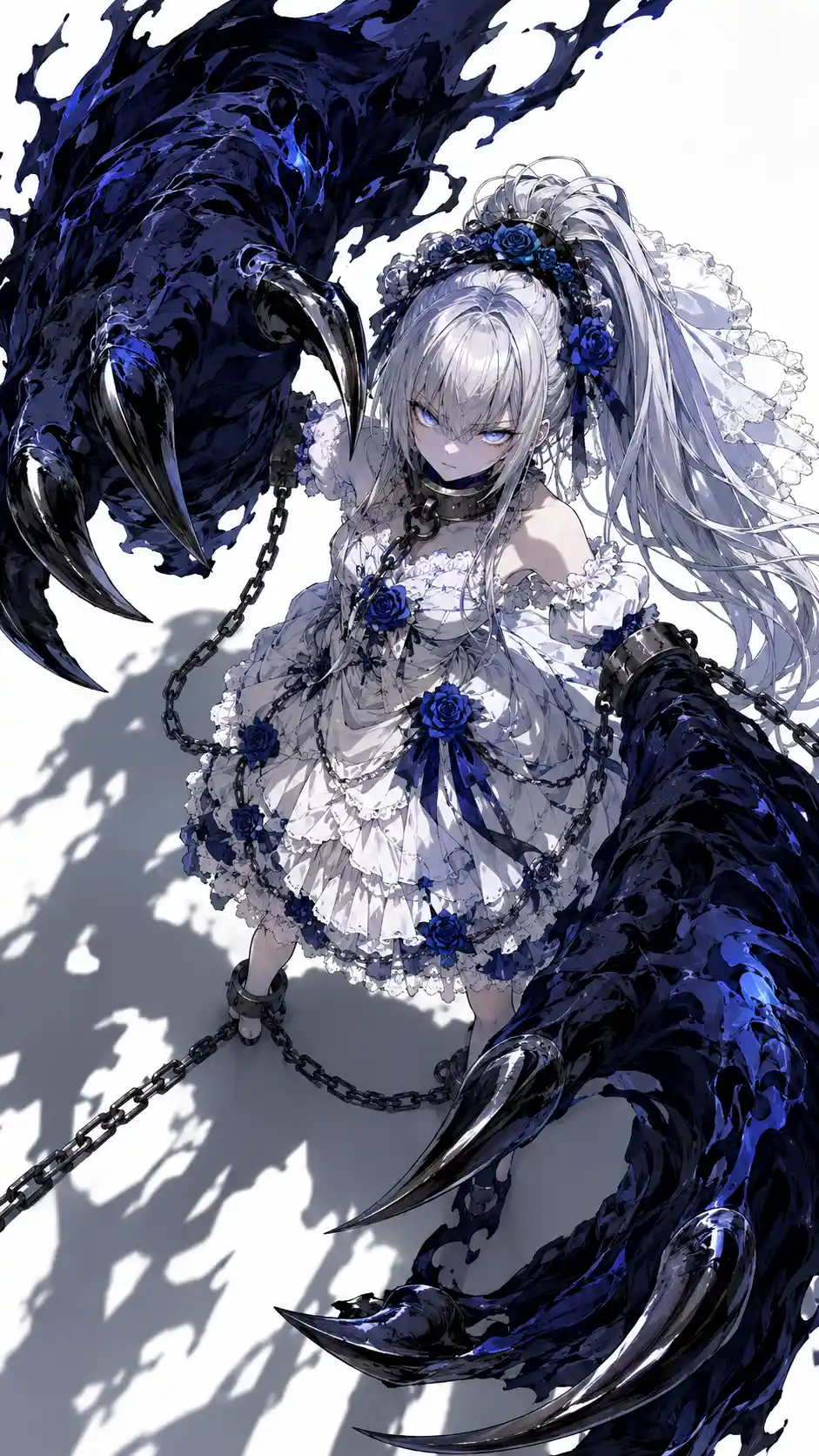 Chica de anime con garras demoníacas en vista cenital