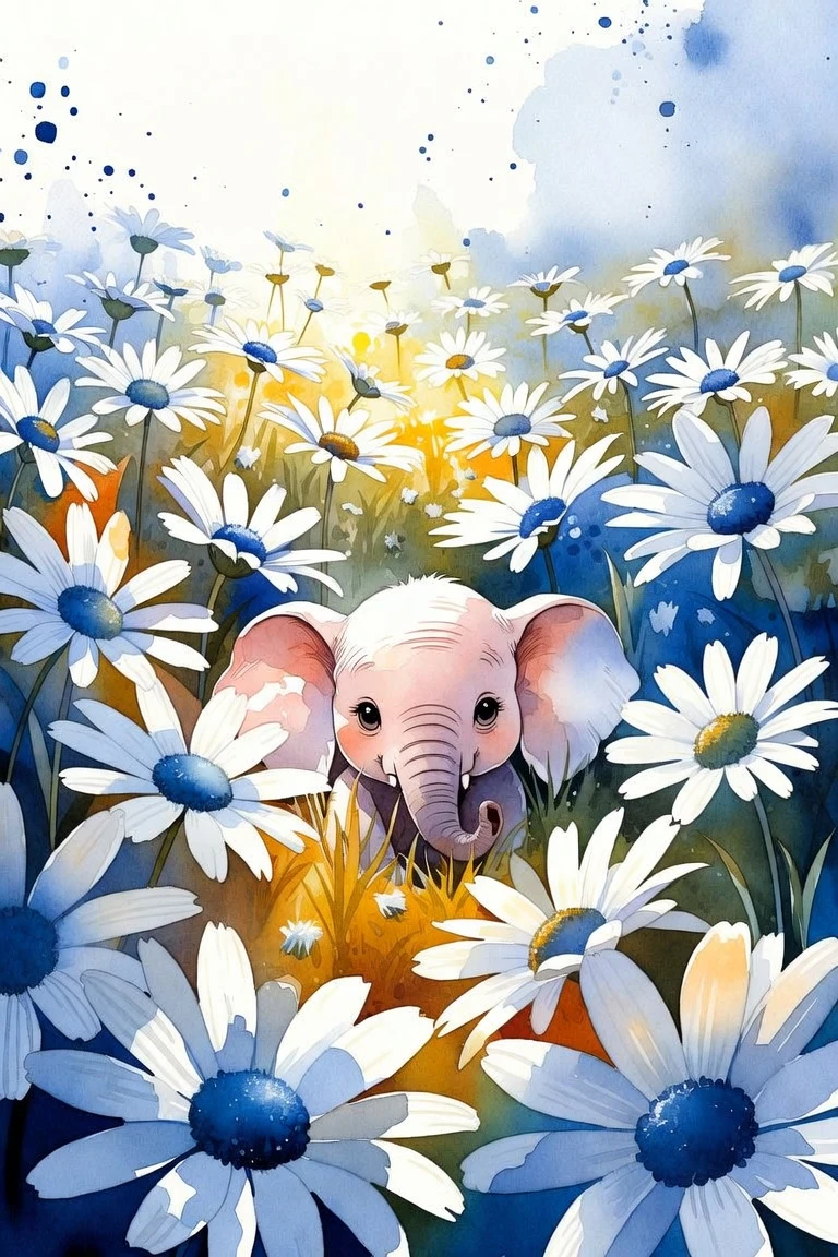 Cute baby elephant in a blue and white daisy field