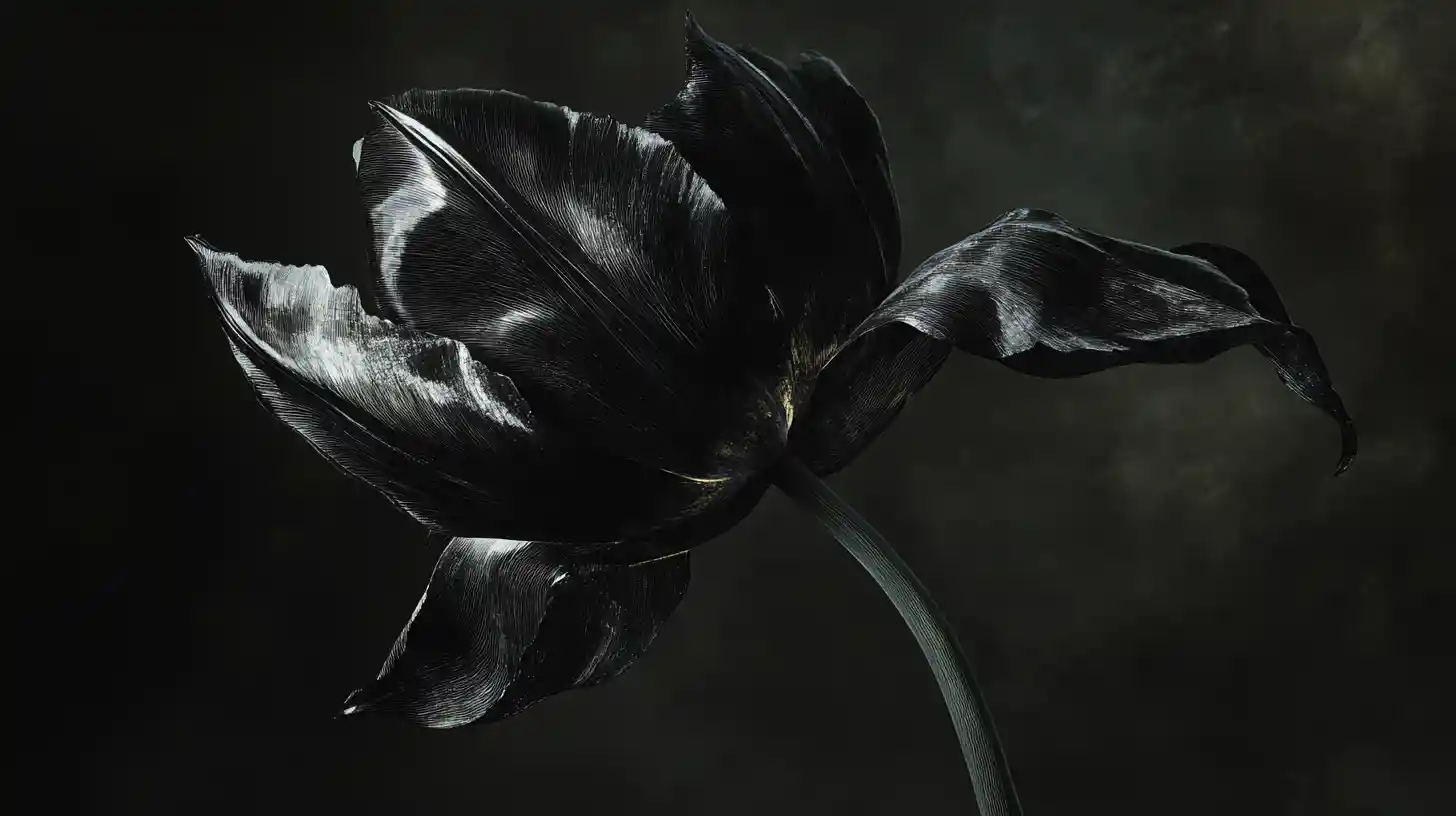 闇から現れる黒いチューリップと超現実的な植物ディテール