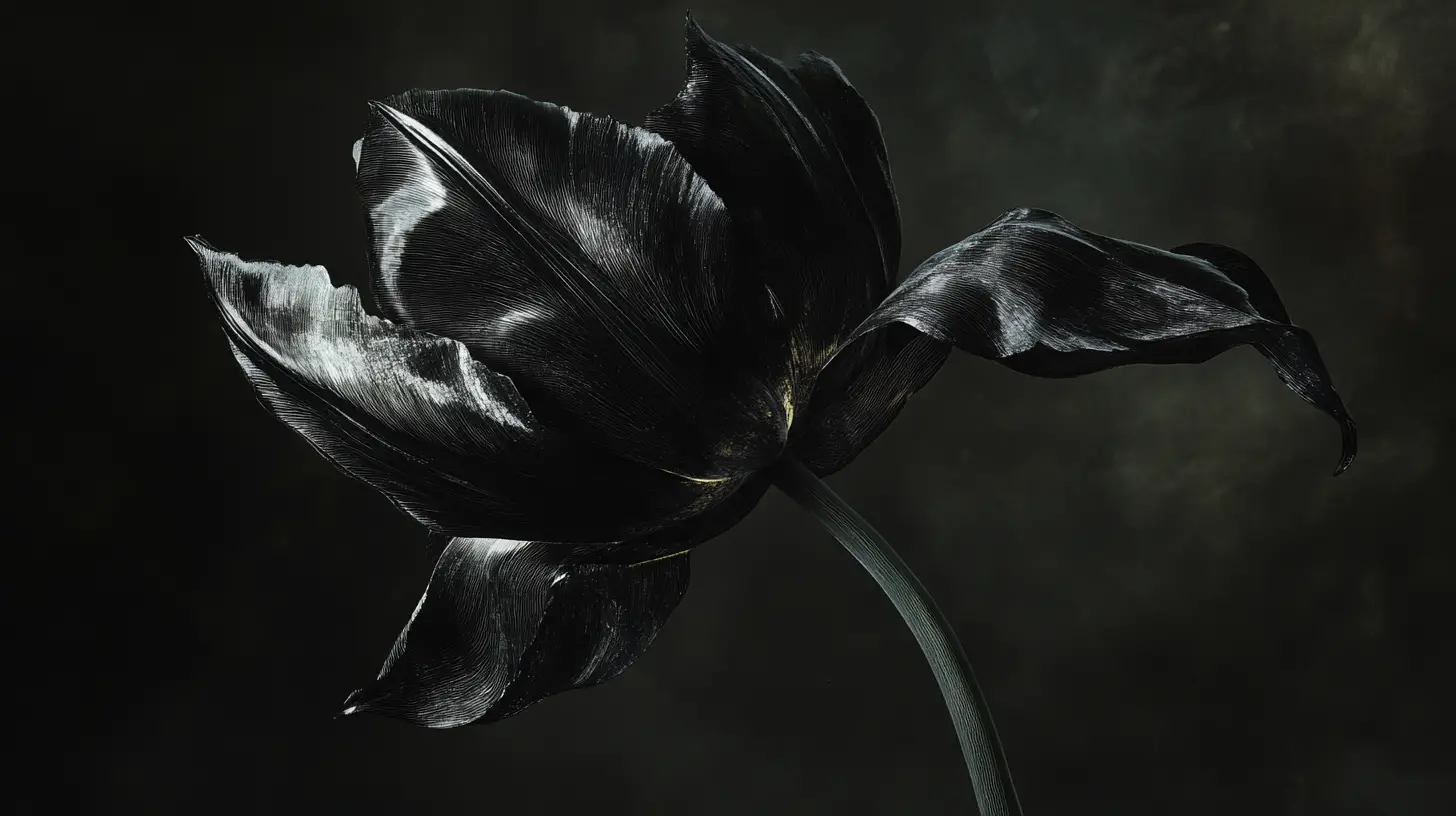 闇から現れる黒いチューリップと超現実的な植物ディテール