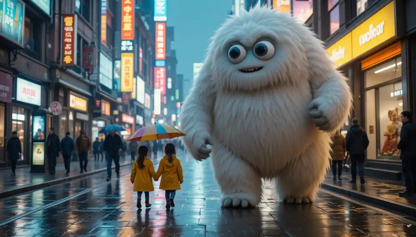 Niña pequeña y amigo gigante esponjoso en una calle lluviosa de la ciudad