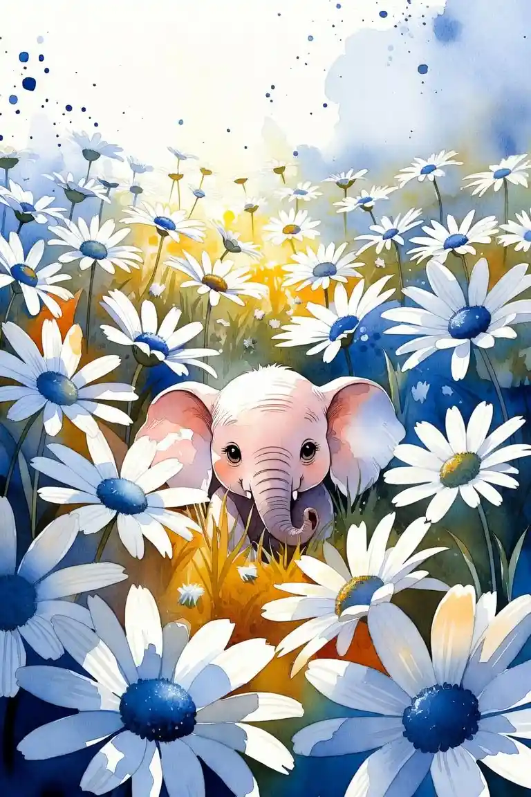 Cute baby elephant in a blue and white daisy field