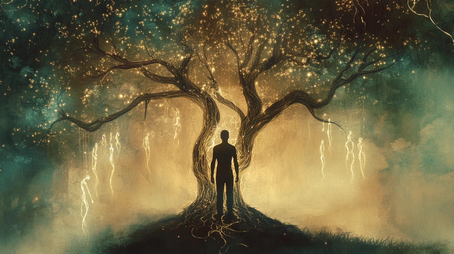 Ethereal guardian nurturing human shaped trees of memory