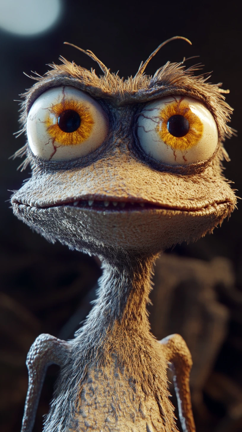 Personaje de gato 3D cinematográfico con ojos expresivos y engreídos