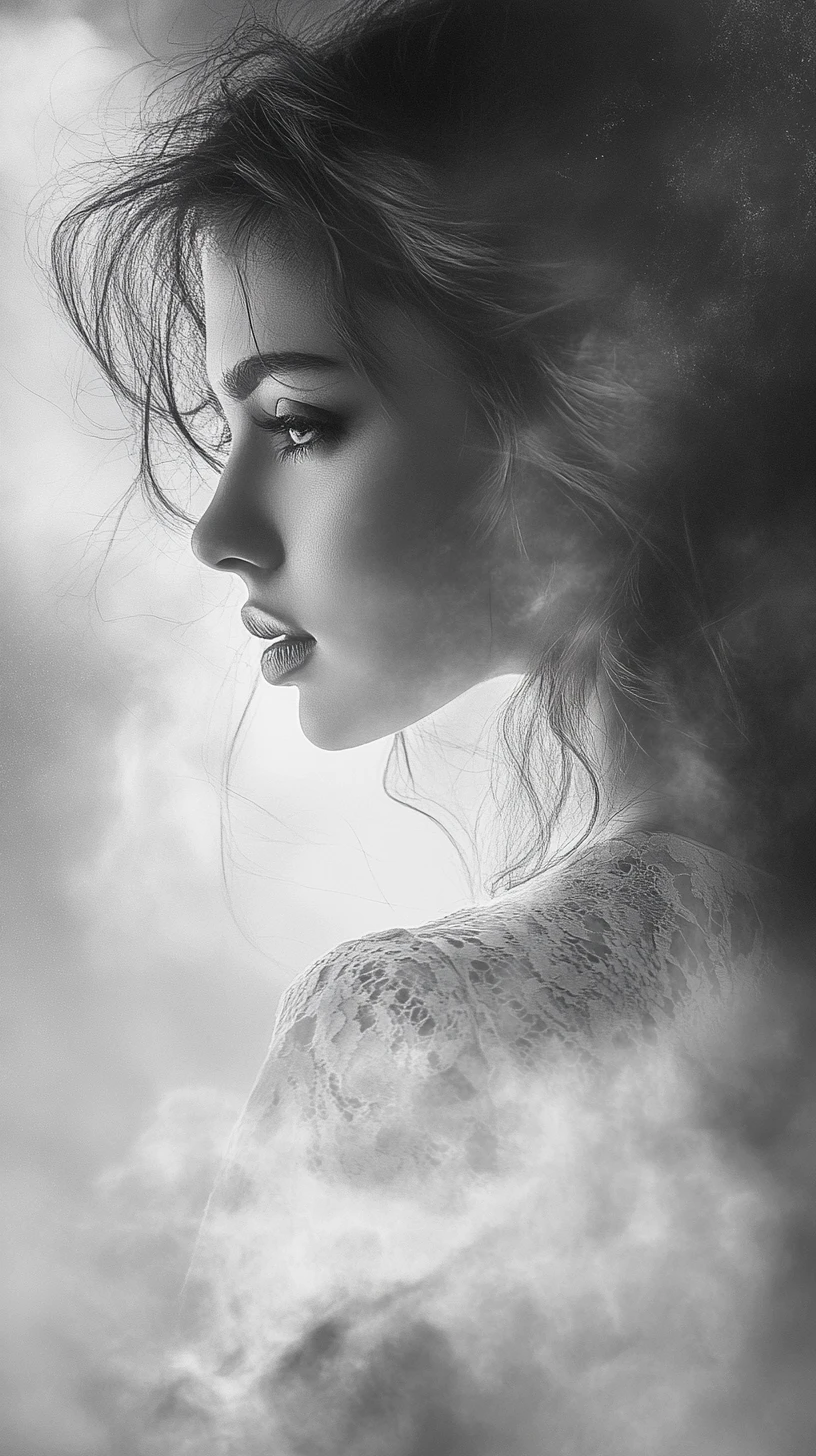 Mysterious woman portrait in black and white night fog