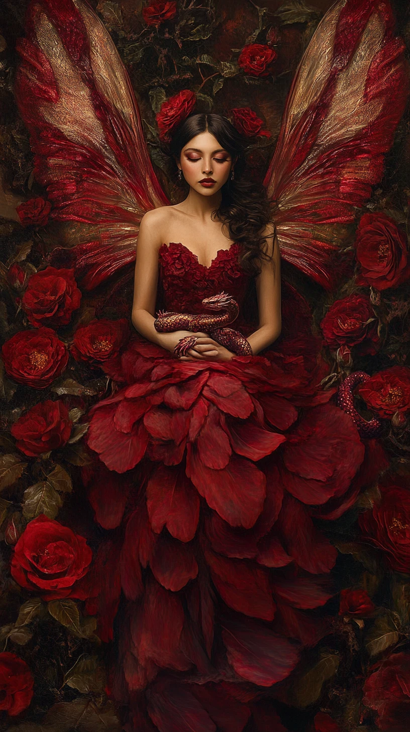 Latina fairy woman in crimson gown among giant roses