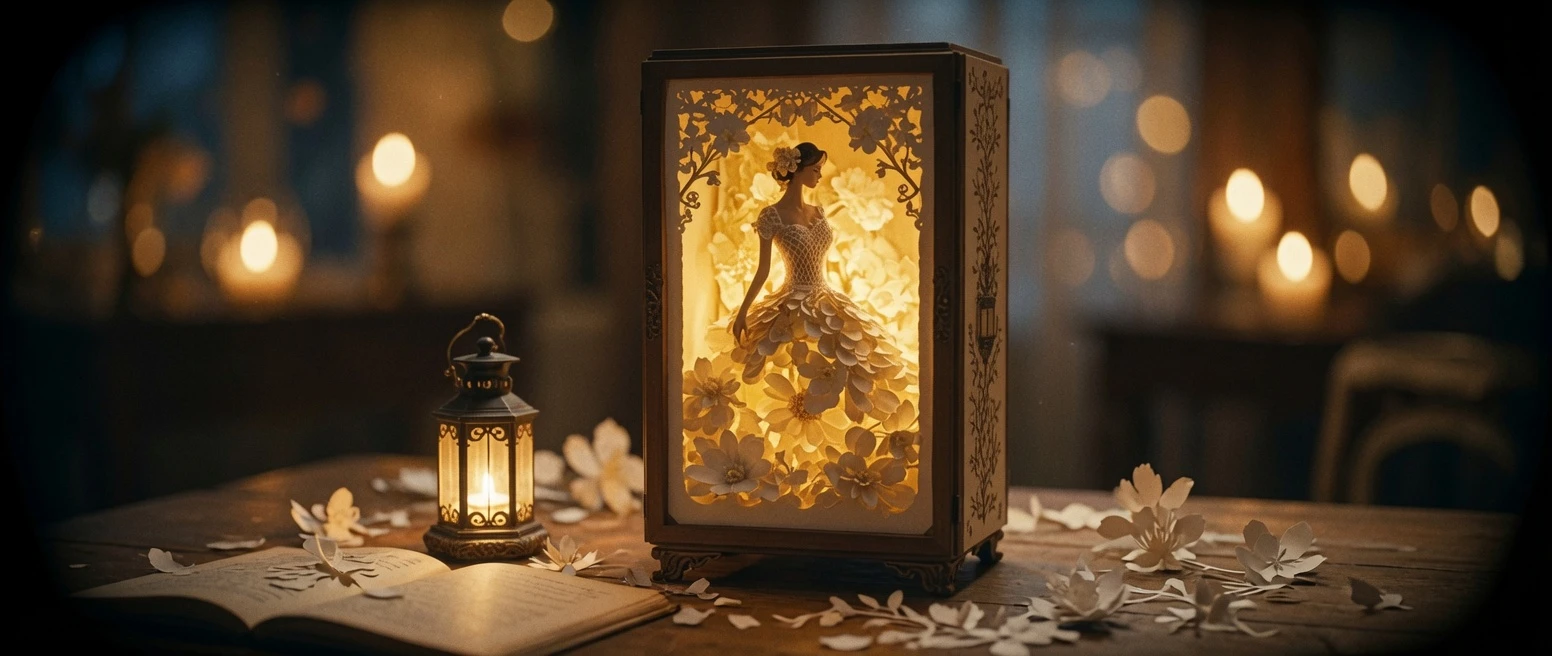 Paper cut woman in gown with lantern and flowers