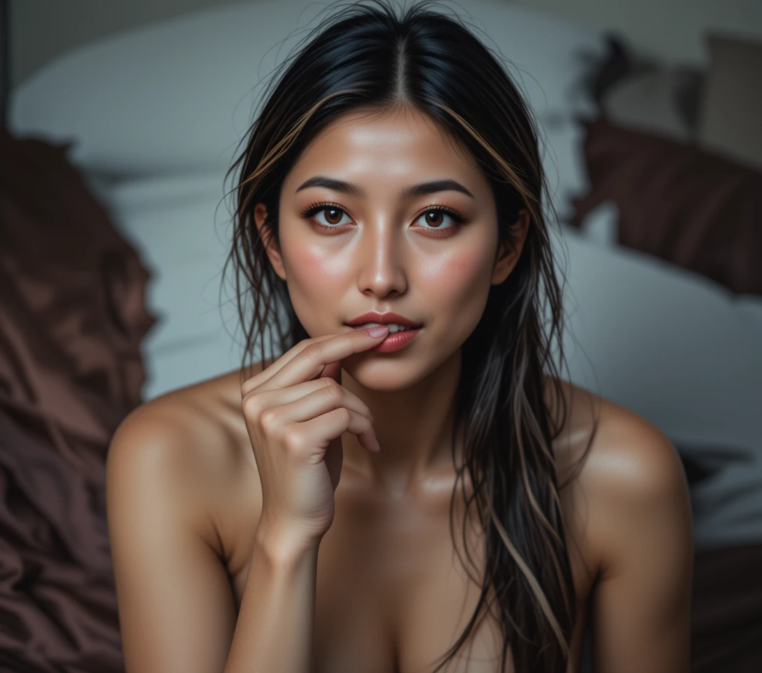 Close up of mixed asian woman on unmade bed
