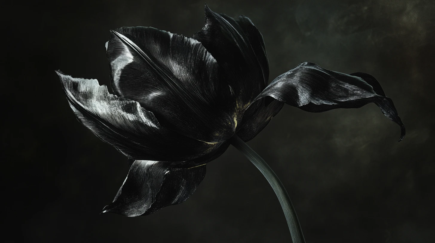 Tulipán negro emergiendo de la oscuridad con detalles botánicos surreales