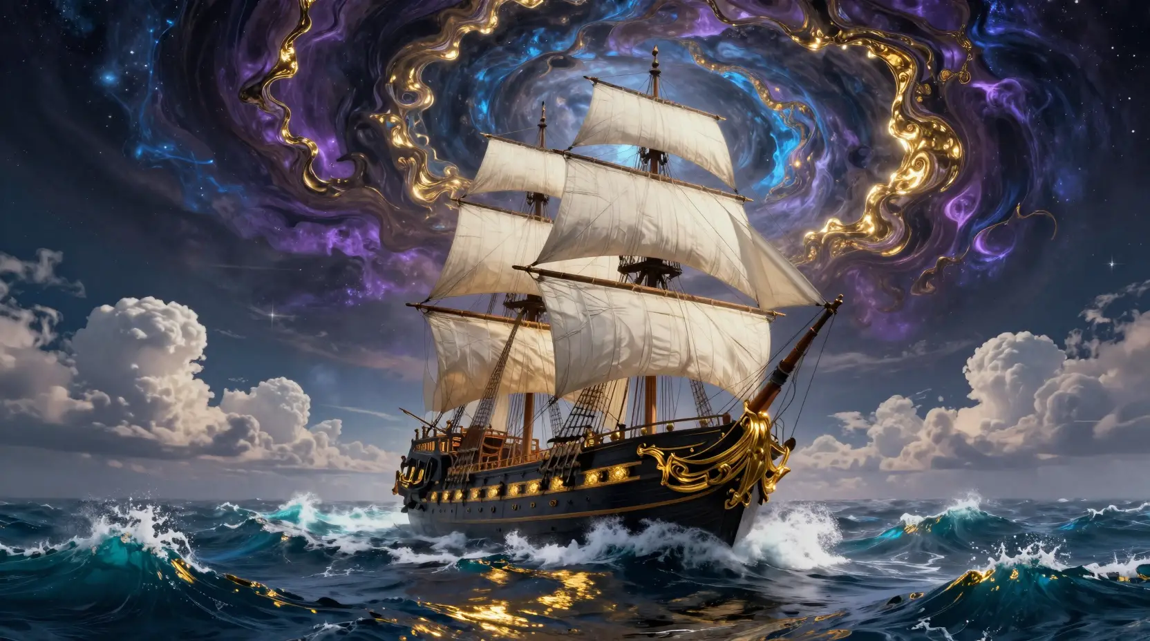 在暴風宇宙之海中航行的雄偉黑暗大帆船