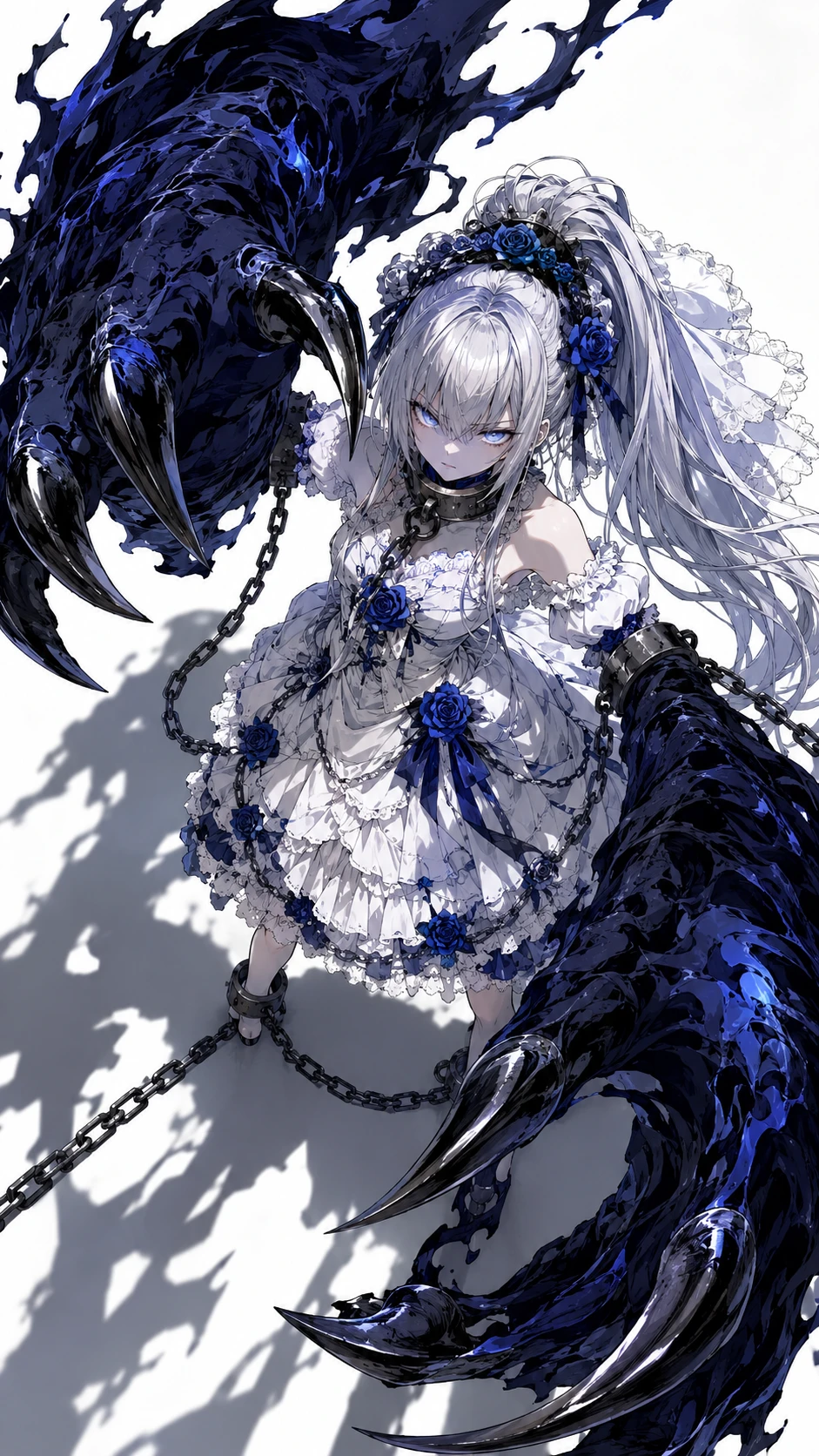 Chica de anime con garras demoníacas en vista cenital