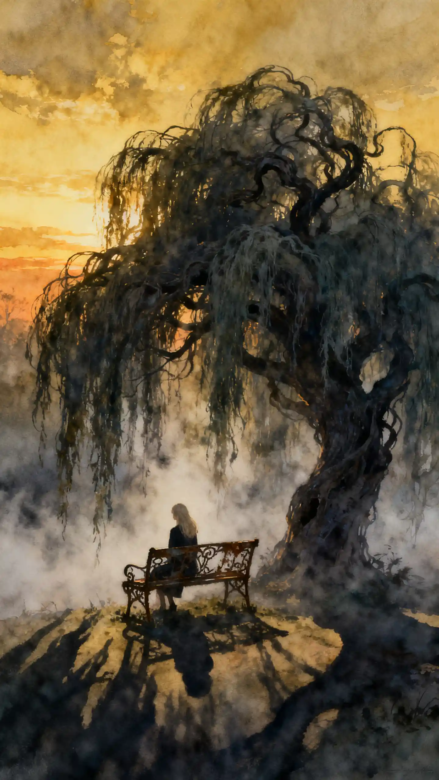 Lonely woman under twisted willow in golden misty sunset