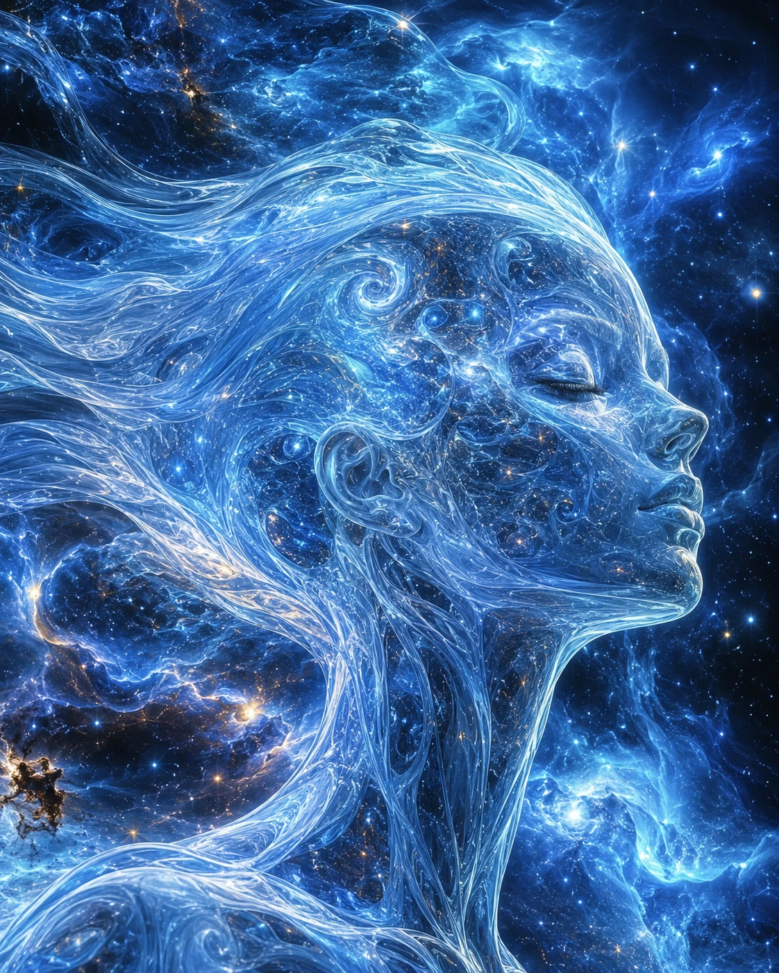 Mujer de vidrio surrealista disolviéndose en una nebulosa azul cósmica