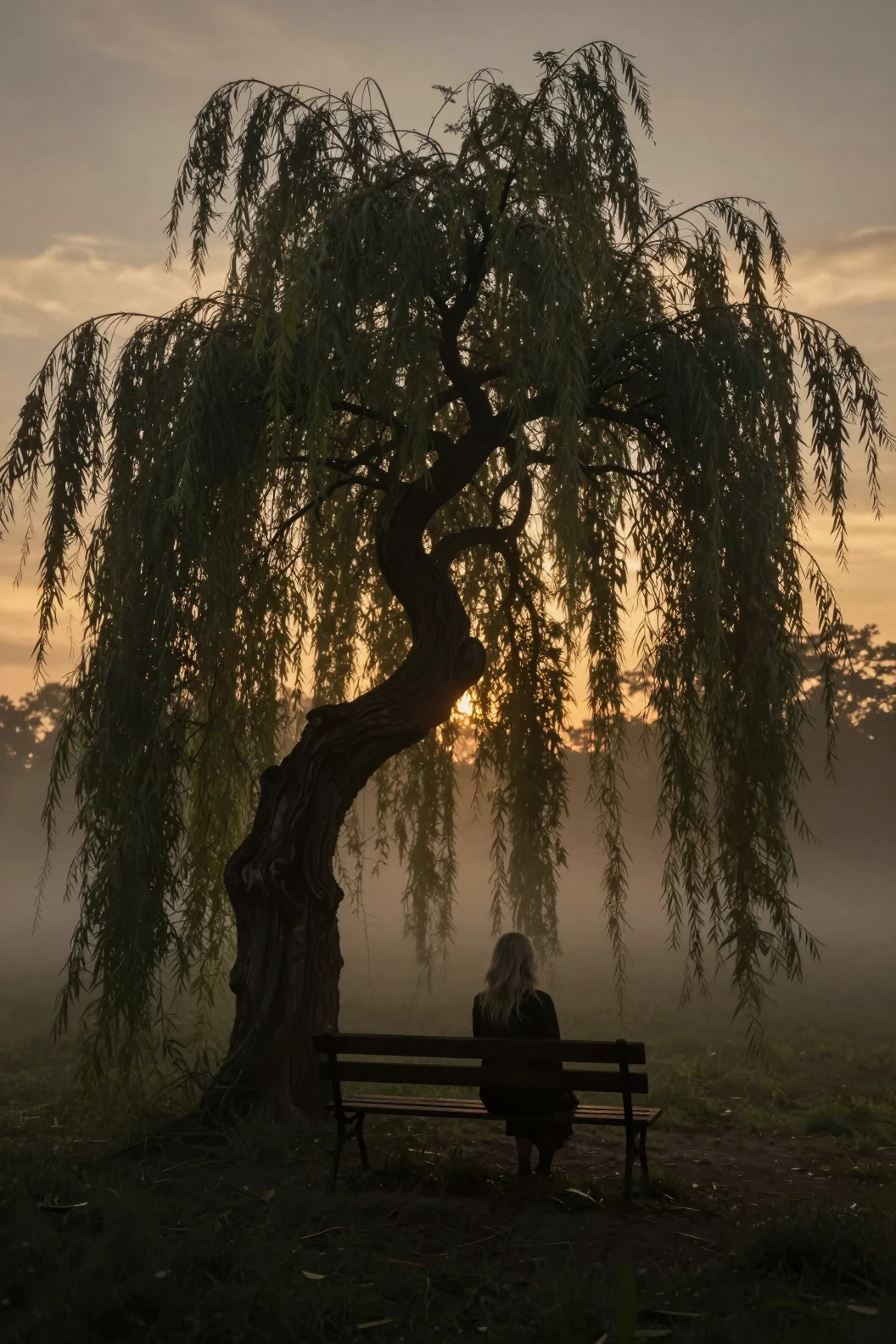Woman under a twisted willow in eerie sunset mist
