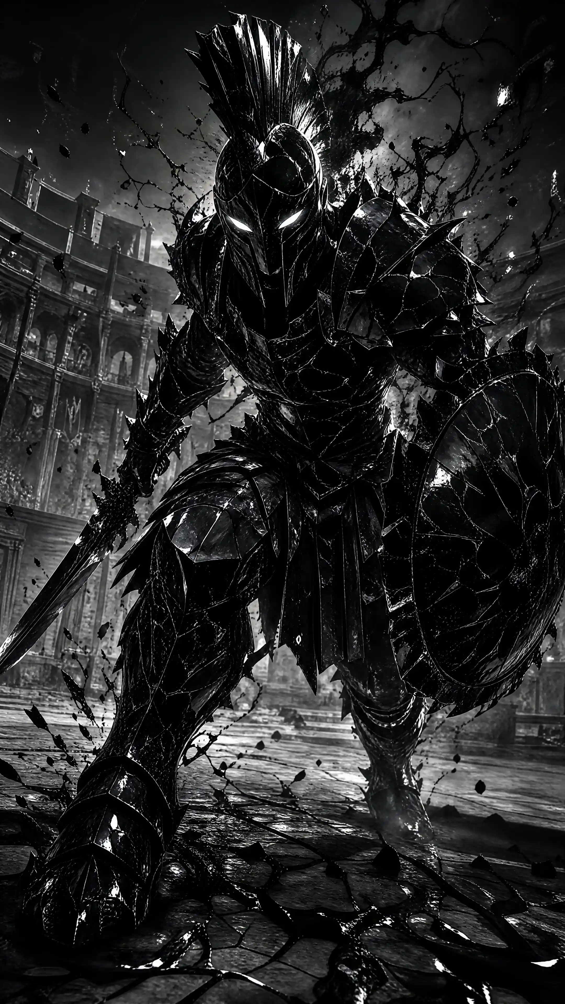 Obsidian armored gladiator in a shattered ink arena
