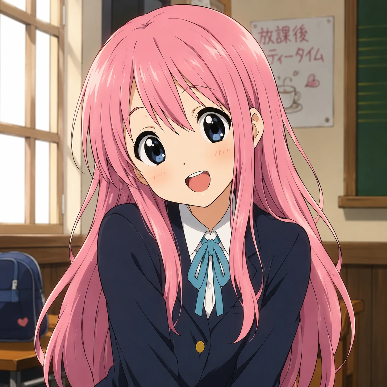 Retrato de alegre colegiala de anime con el pelo largo y rosa