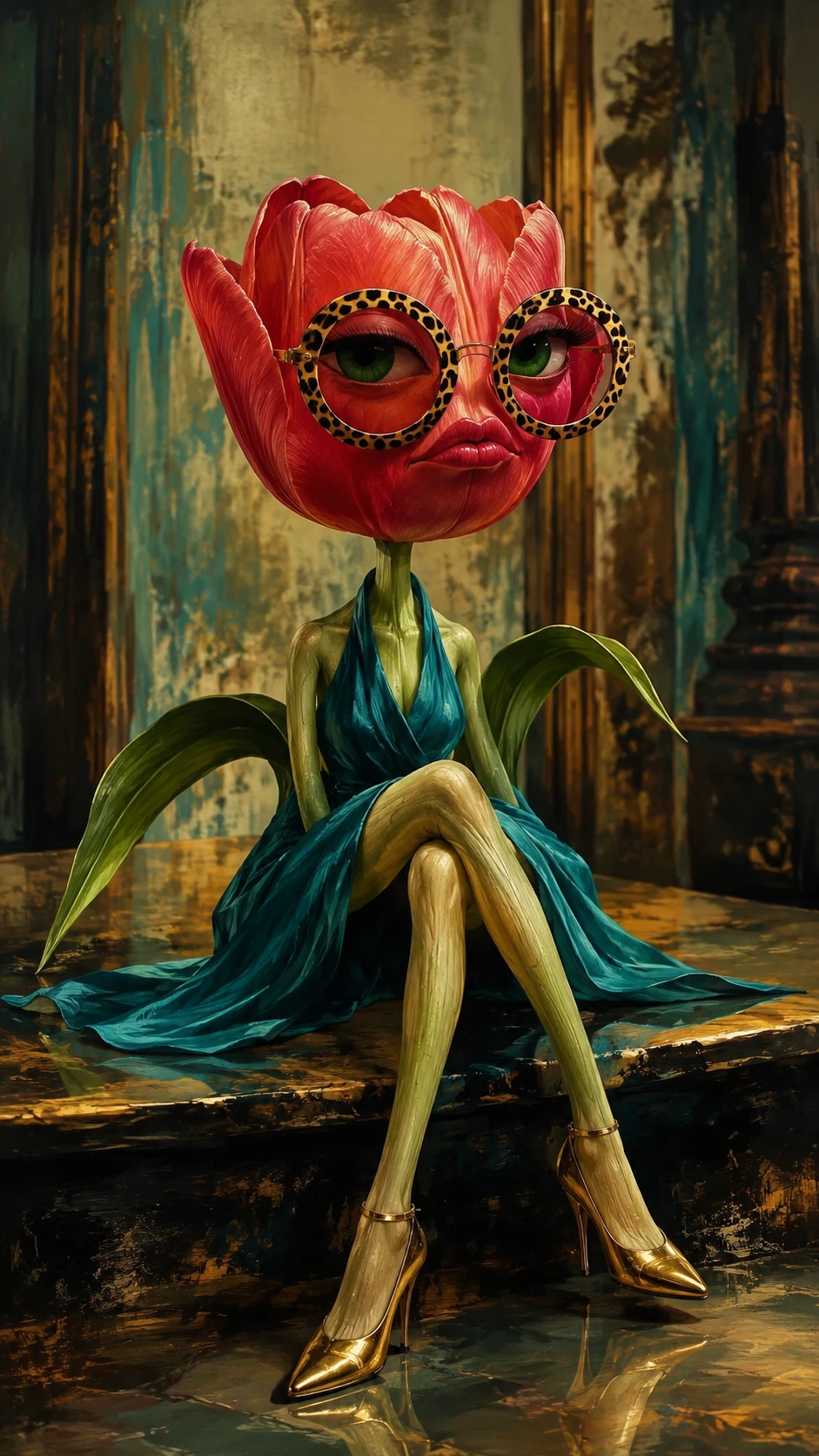 Anthropomorphic tulip in sunglasses and gold high heels
