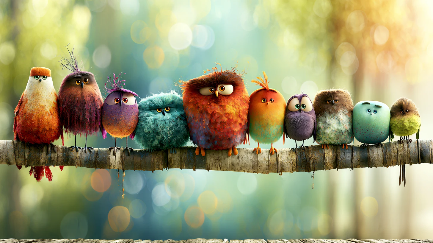 Divertidos pájaros de colores sentados en fila sobre una rama de árbol