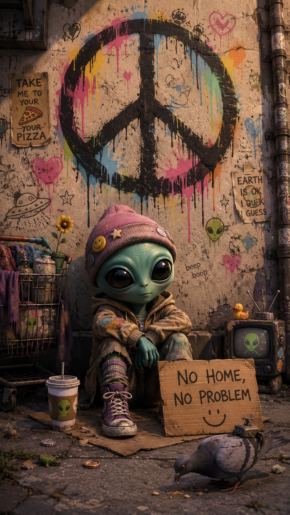 Alien de caricatura con cartel de cartón bajo símbolo de paz grafiteado