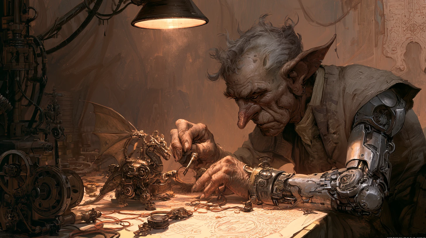 Cybernetic imp crafting a tiny clockwork dragon