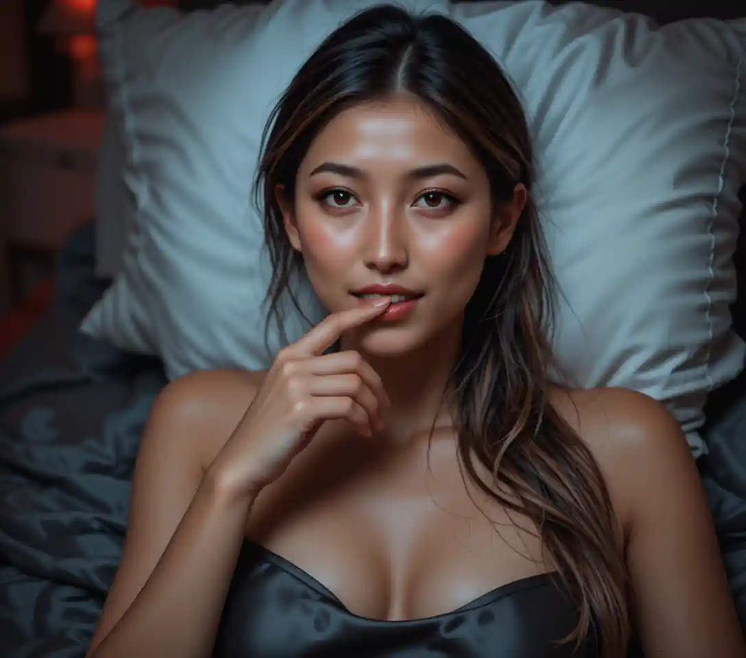 Gros plan d’une femme métisse asiatique se reposant sur un lit défait