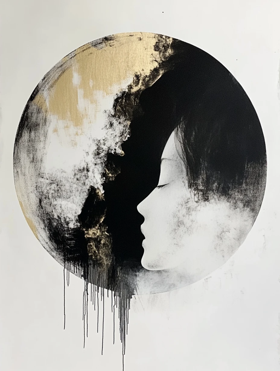 Abstract eclipse circle with ink strokes and subtle face