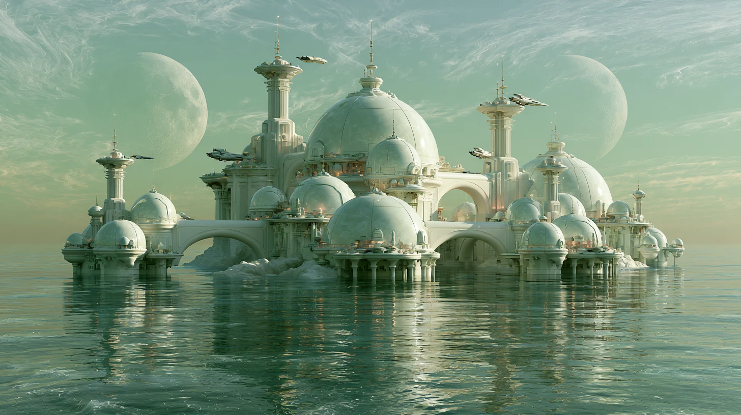 Ciudad alienígena futurista flotando sobre un vasto océano en calma
