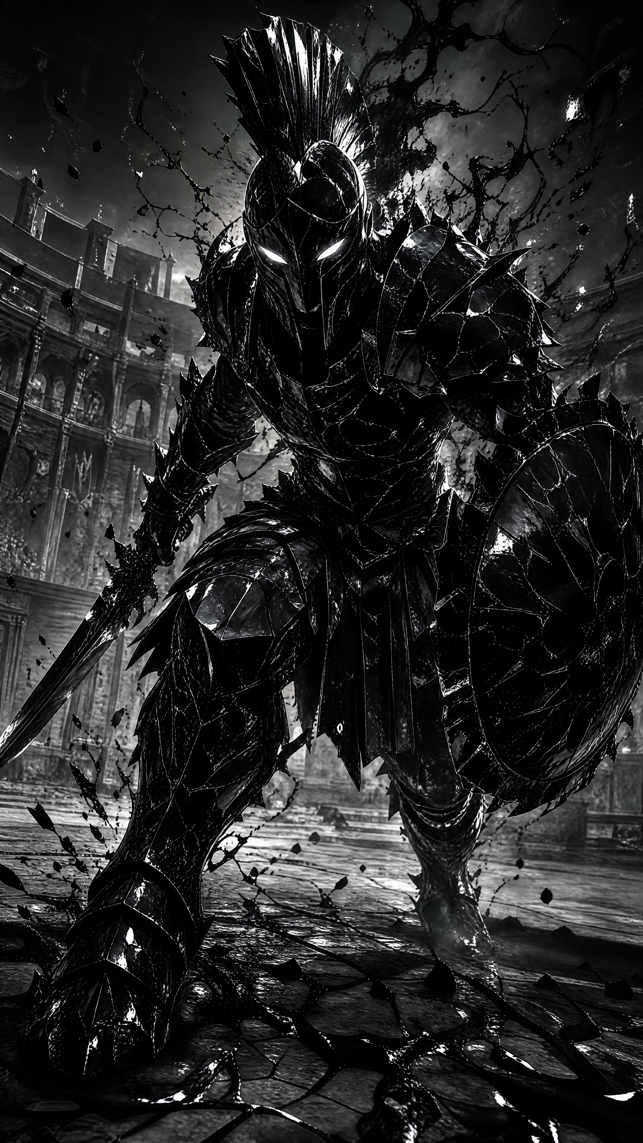 Gladiador con armadura de obsidiana en una arena de tinta hecha añicos
