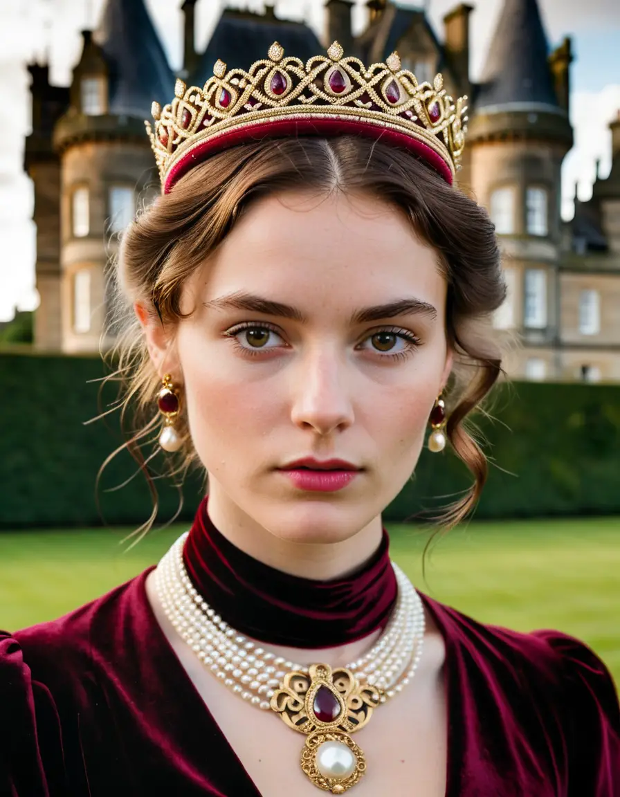 Young royal queen portrait before her sunlit castle