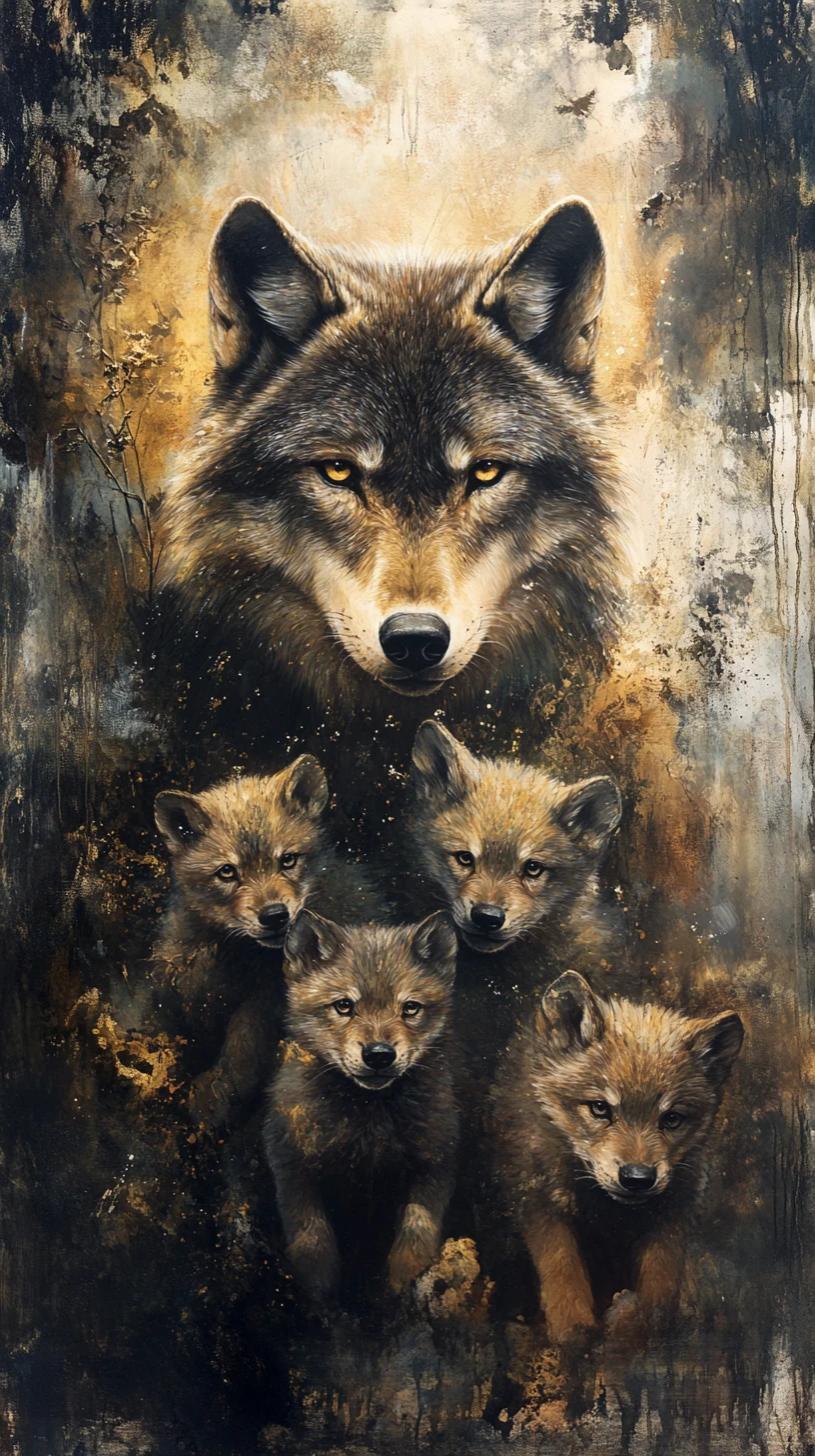 Familia de lobos disolviéndose en luz dentro de un bosque silencioso