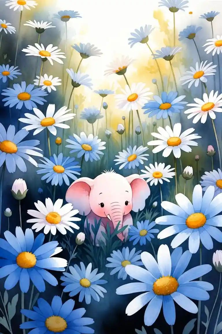 Cute baby elephant in a blue and white daisy field