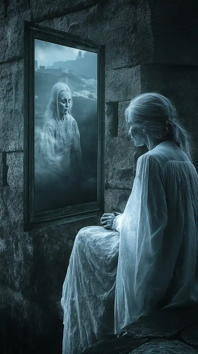 Sad ghostly old woman gazing at her youthful portrait