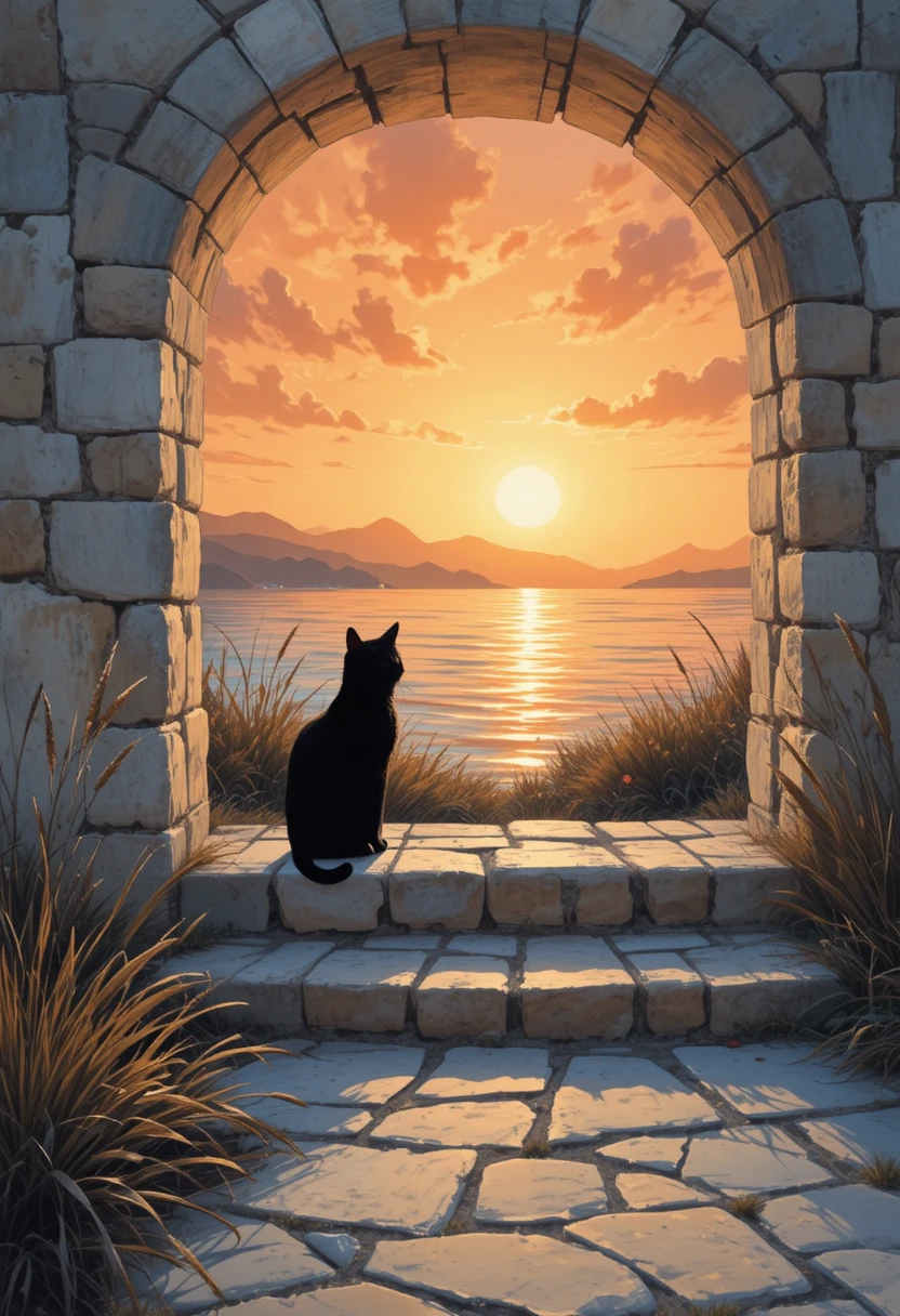 Gato negro en una antigua casa mediterránea al atardecer