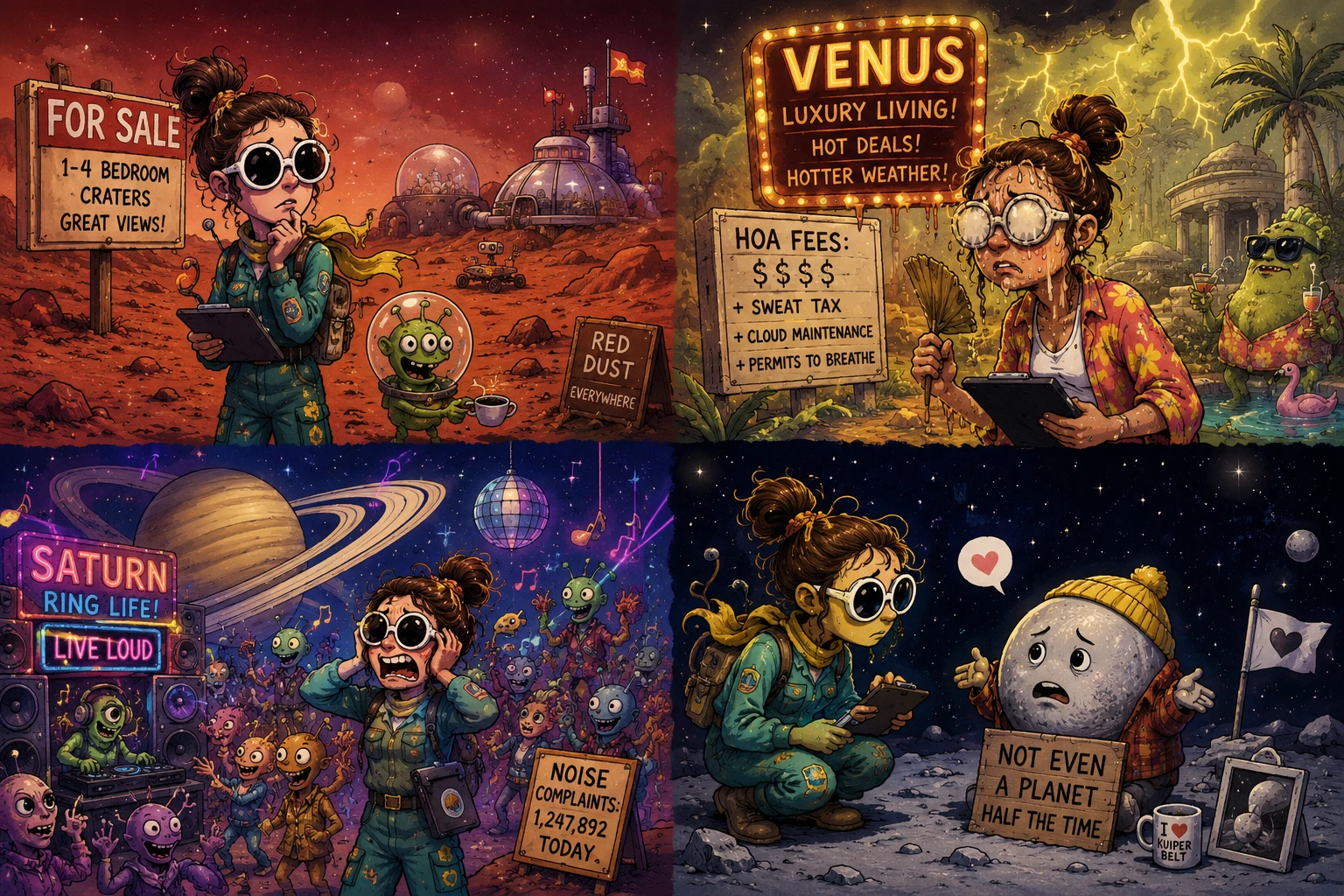 Divertidos planetas de dibujos animados en busca de un nuevo hogar cósmico