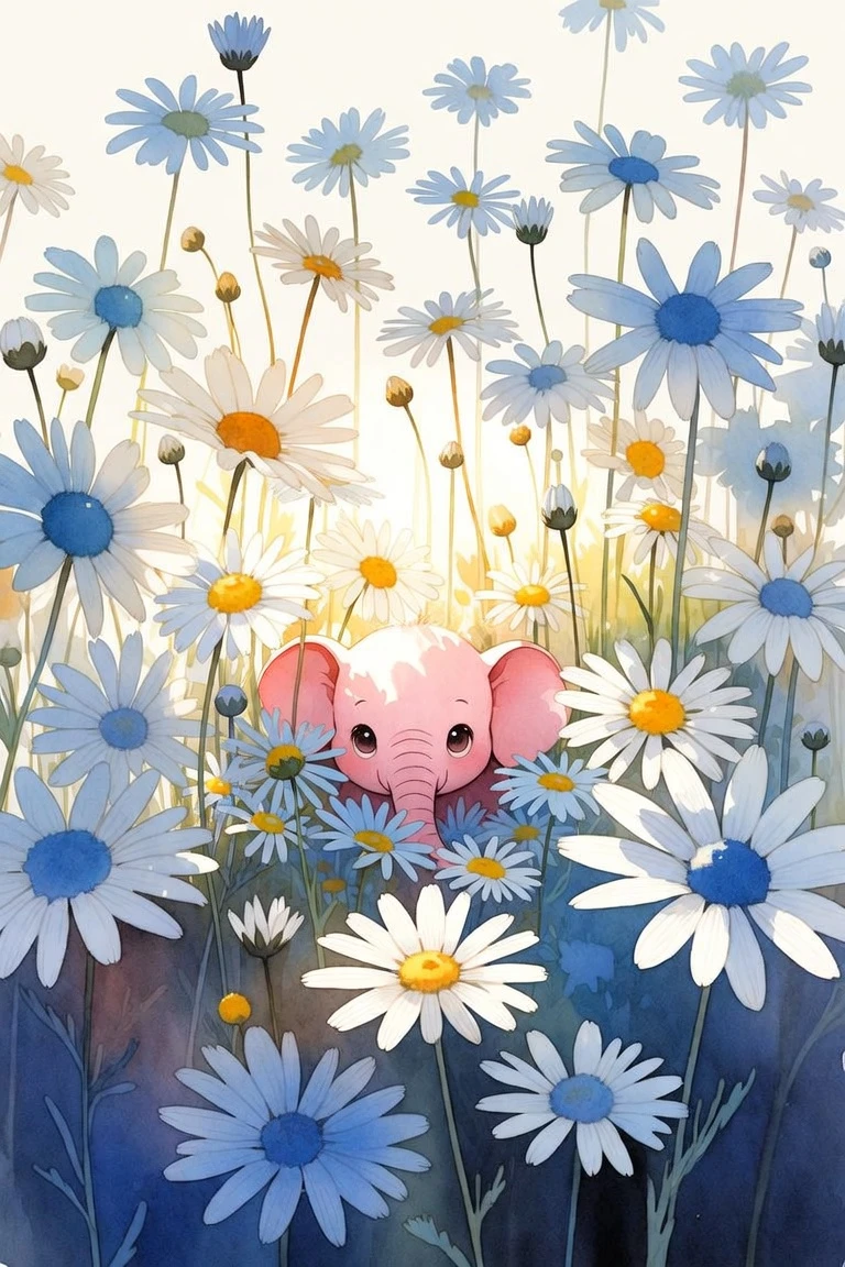 Cute Baby Elephant In Blue And White Daisy Field