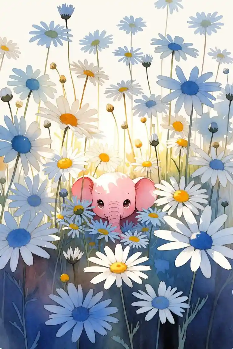 Cute Baby Elephant In Blue And White Daisy Field